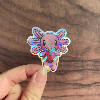 Iridescent Shatter Holographic Axolotl Strawberry Sticker