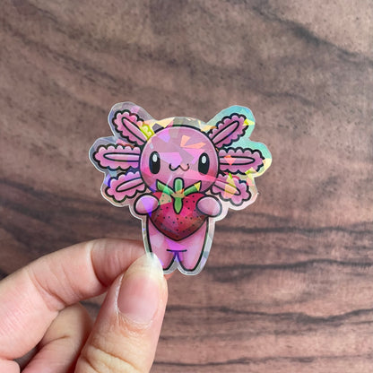 Iridescent Shatter Holographic Axolotl Strawberry Sticker