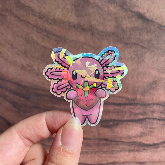 Iridescent Shatter Holographic Axolotl Strawberry Sticker