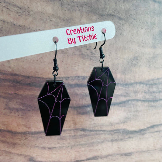Acrylic Black Coffin Earrings - Pink Engraving