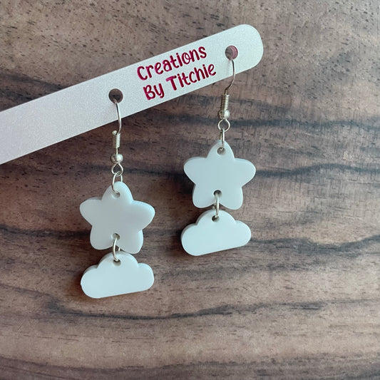 Acrylic Large White Star and Cloud Earrings