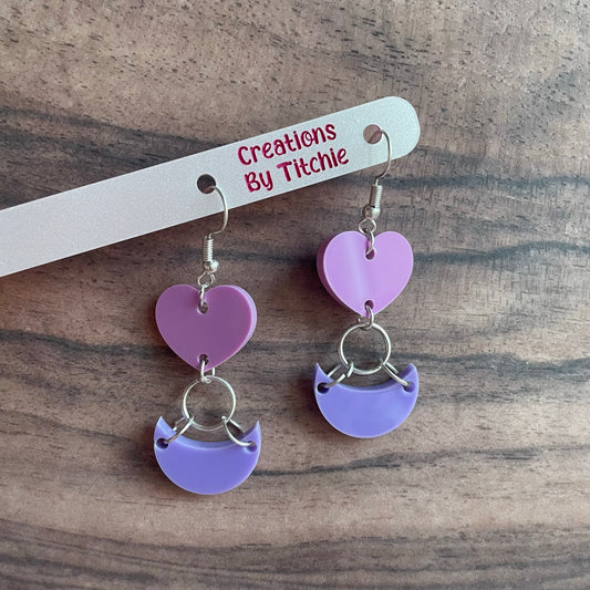 Acrylic Pink Heart/Purple Moon Earrings