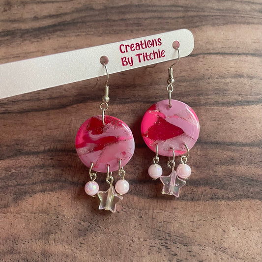 Pink Mottled Circle Clay Earrings